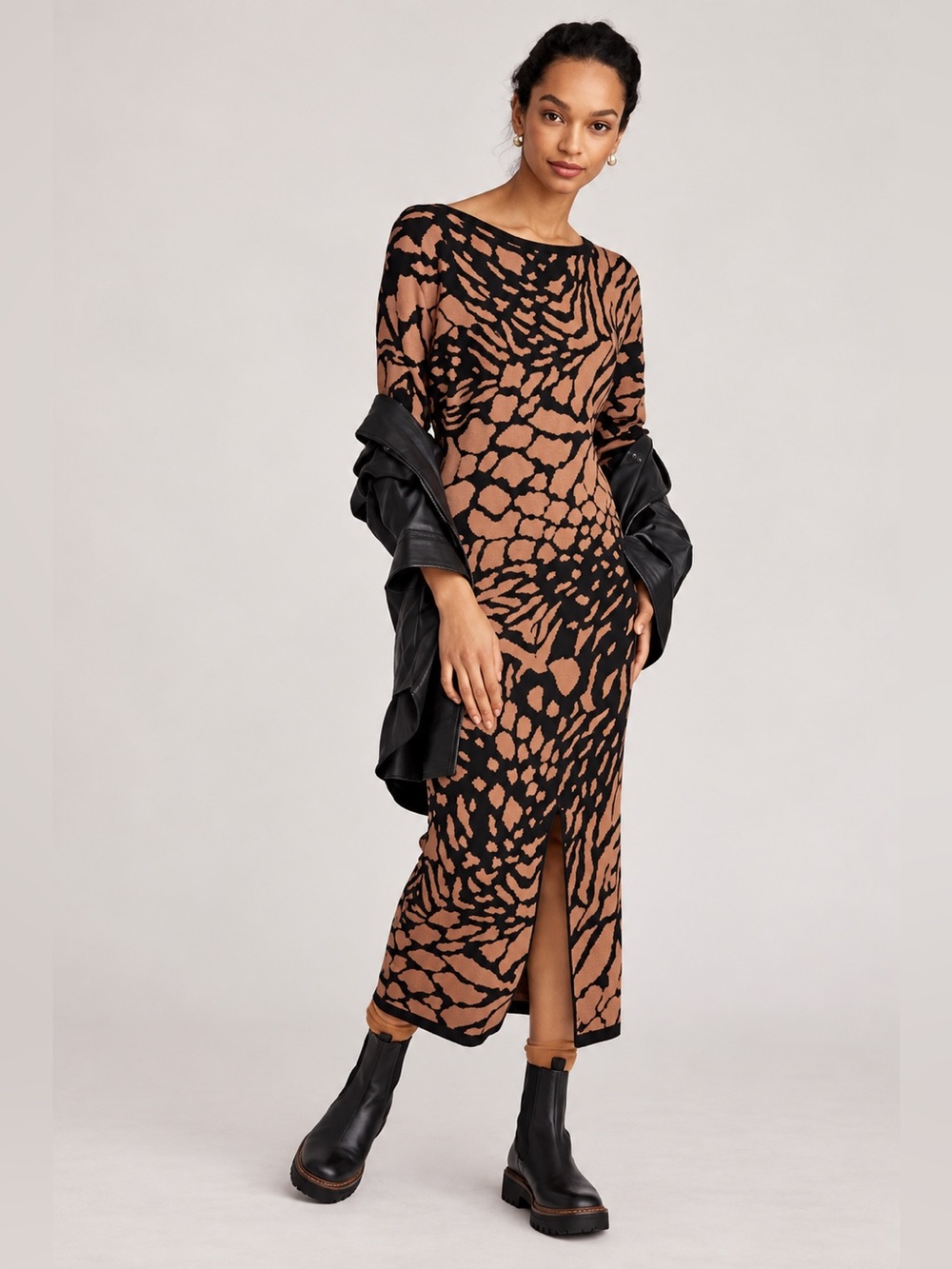 By Anthropologie Animal Print Knit Midi Dress S Brown Black Front Slit